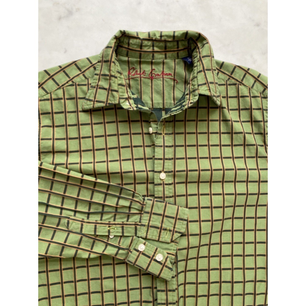 Robert Graham Shirt Men's Size‎ Large L Green Plaid Print Cuff Flip Cuff Funky